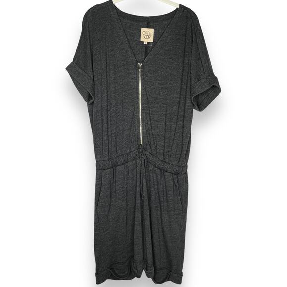 Chaser Zippered Front Knit Charcoal Gray Romper With Pockets Size Medium - Picture 1 of 7